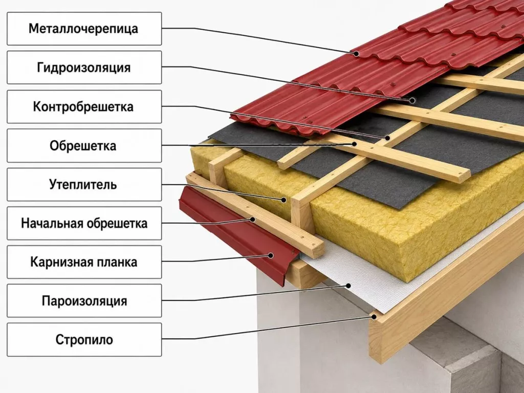 Пирог кровельного покрытия с утеплением - послойно